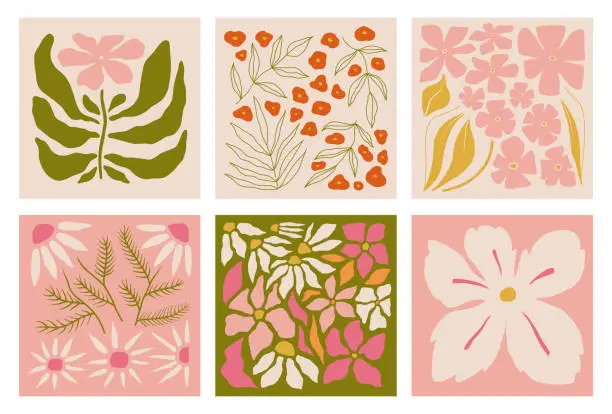 Vector illustration of Set of prints with flowers. Interior painting. Colorful illustrations of flowers for covers, posters and pictures. Vector illustration. Modern floral posters with flowers.