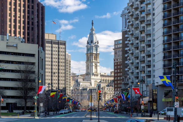 Philadelphia downtown street with historic City Hall, Philadelphia, Pennsylvania, USA
