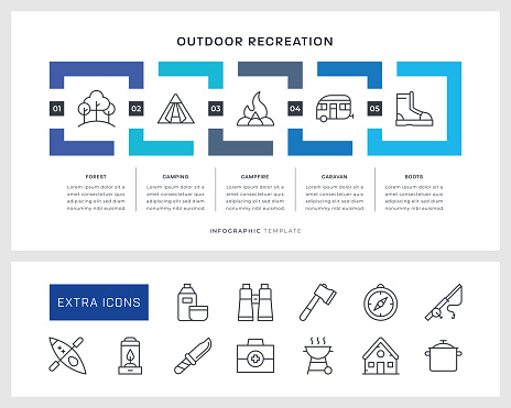 Outdoor Recreation Five Steps Square Shape Infographic Design with editable stroke line icons.