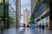 London street with Tower Bridge in evening time.