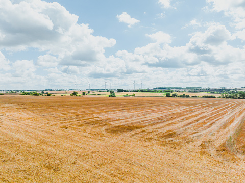 Drone view of Wind turbines in countryside fields near Milton Keynes, UK