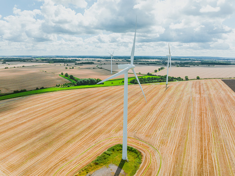 Drone view of Wind turbines in countryside fields near Milton Keynes, UK