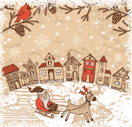 Vintage style hand-drawn Christmas and New Year illustration.