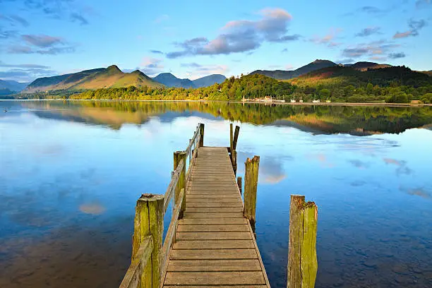 An old jetty on the still water of Derwent Water in Cumbria with the sun shining on the hills in the distance.