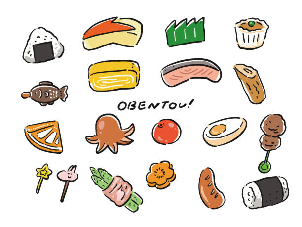 handgezeichneter illustrationssatz mit beilagen und essen für bento - lunch box packed lunch apple symbol stock-grafiken, -clipart, -cartoons und -symbole