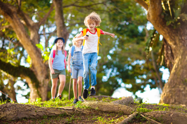 Kids explore nature. Children hike in sunny summer park. Scout club and science outdoor class. Boy and girl watch plants through magnifying glass. Kid exploring environment. Young explorer adventure.