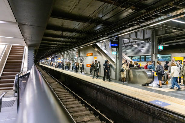 Sydney, Australia - August 20, 2023: Rush hour at Town Hall Station with people waiting for train