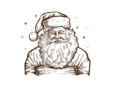 Portrait of a cute Santa in a Christmas hat and a wide belt. Vector black and white illustration in sketch style isolated on white background. Coloring book, flat design.