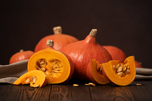 A set of Pumpkins isolated on a white background. Wide photo. Collage. Free space for text.
