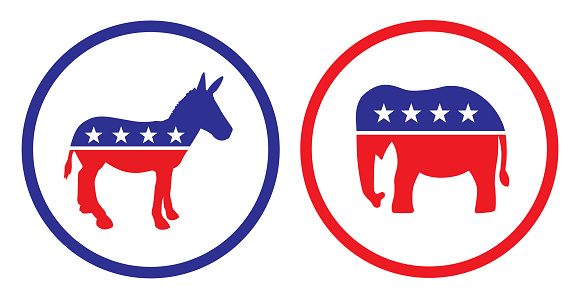 Vector illustration of a round election elephant and donkey icons on a white background.