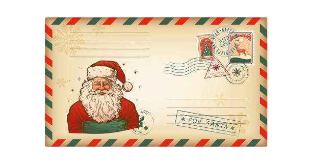 Letter envelope for Santo Kraus in a retro style Christmas greeting card. Vector illustration, vintage, isolated on white background.