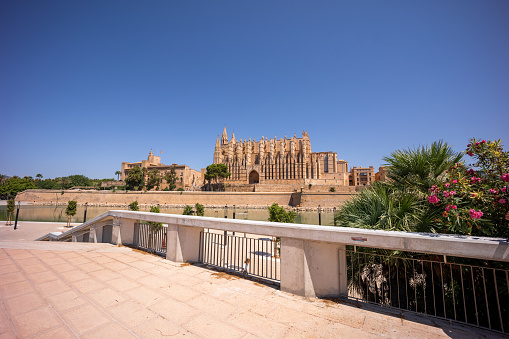 View of Palma de Majorca's cathedral and Palace of La Almudaina on a sunny day with stairs in the foreground