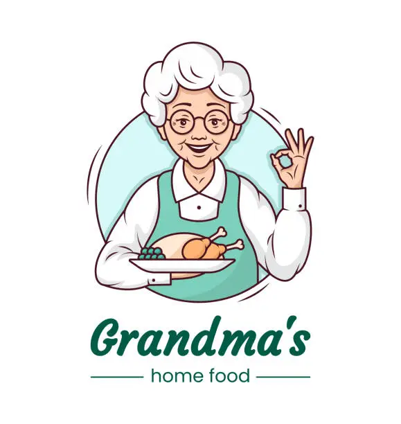 Vector illustration of Grandmas cooking cafe logo, cute character cartoon design. Cheerful grandmother with a plate of appetising homemade food. Template. Vector line illustration