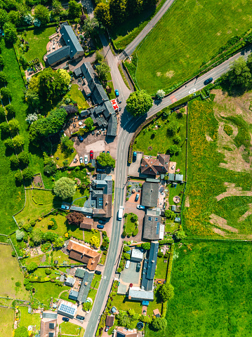 Aerial view of a typical English rural street showing detached houses