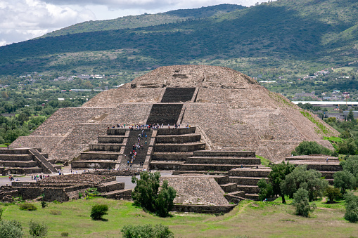 Archaeological zone in the basin of Mexico, in the image we see the pyramid of the moon, behind a mountain.