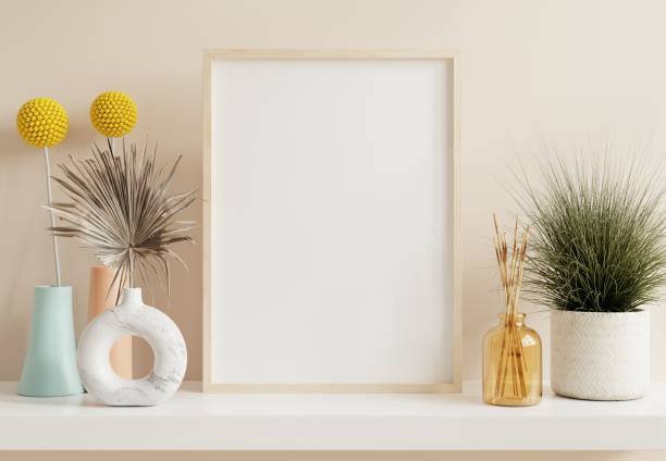 istock Mockup poster with vertical wooden frame in home interior background 1632495571