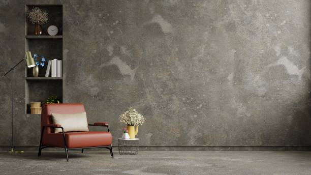 istock Loft interior with leather armchair on dark cement wall 1632497618