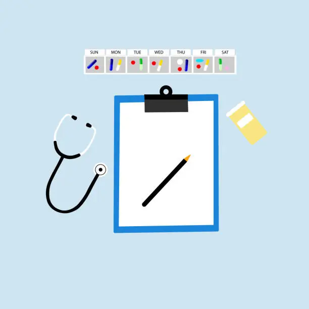 Vector illustration of Transparent box for medicines by day of the week.
 stethoscope and paper file