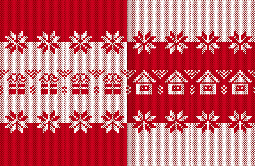 Red and white christmas seamless pattern. Knit print with flowers and houses. Knitted sweater background with hut, snowflakes. Xmas geometric texture. Holiday fair isle ornament. Vector illustration