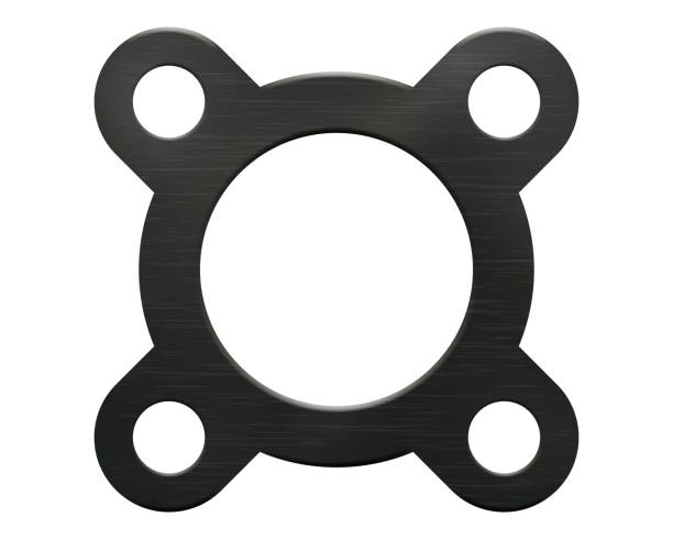 Realistic vector illustration of a round black rubber gasket with four small eyelets with holes and one large round hole Realistic vector illustration of a round black rubber gasket with four small eyelets with holes and one large round hole. Technical product for the insulation of pipelines in flanged connections. pvc flange stock illustrations