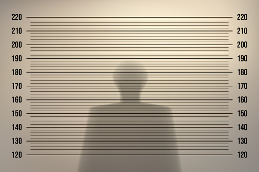 Mugshot in a police station with a retro background with backlight on an old wall and the shadow of a man. Height identification with measurement line in the examination room. Vintage vector template
