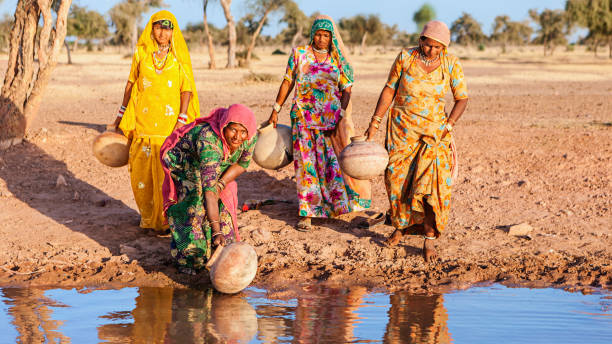 indian femme collecte de l'eau du lac, rajasthan. - india rajasthan thar desert travel photos et images de collection