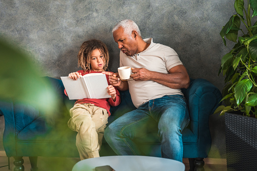 The beautiful connection between a father and his young son as they sit side by side on the couch engrossed in a book.