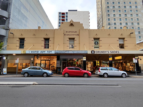 Art Deco facade of Rundle buildings, a heritage listed building in Adelaide city centre, South Australia.