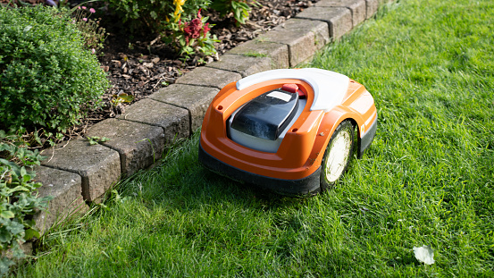 A robot lawnmower cuts grass along the edge of a flower garden.