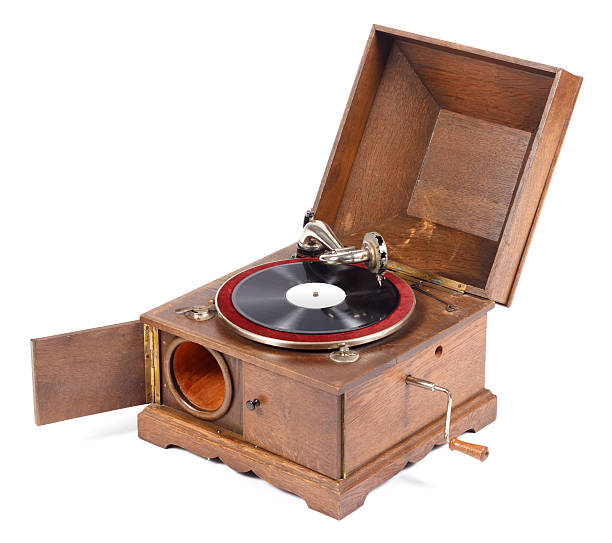 istock Angle view of old wooden gramophone against white background 163257481