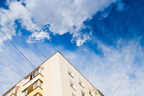 new urban house under dark blue sky at summer
