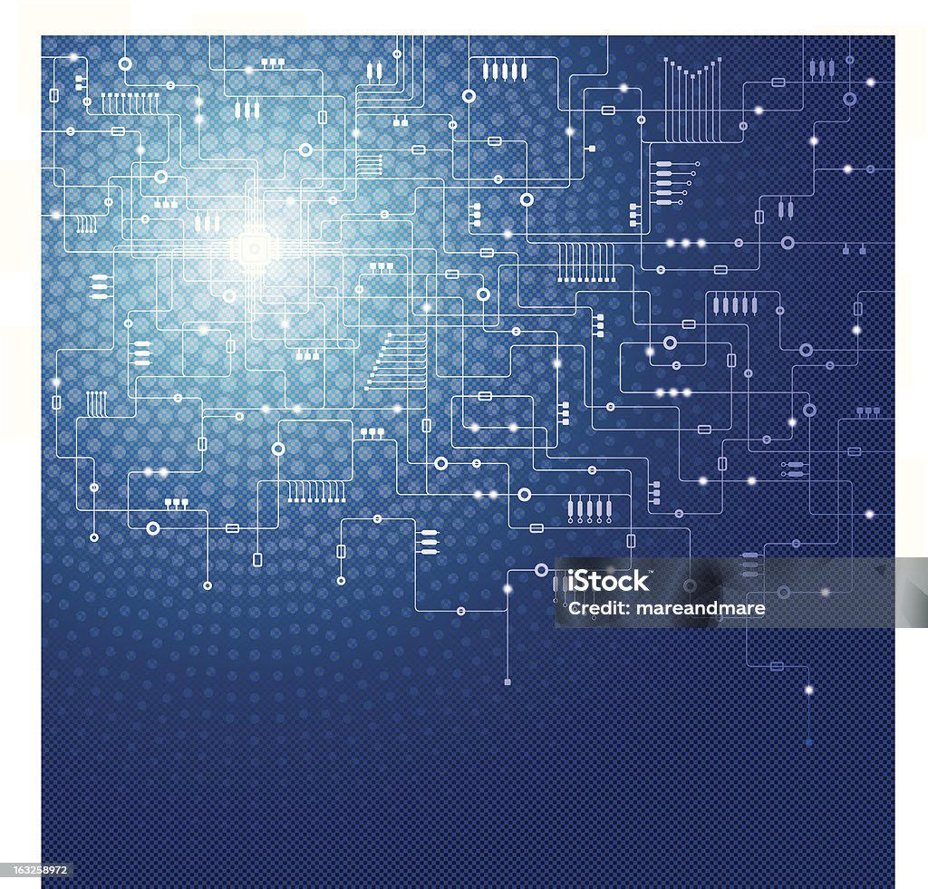 blue techno background Blue technical background with bright circles and flash in the background.  Blueprint stock vector