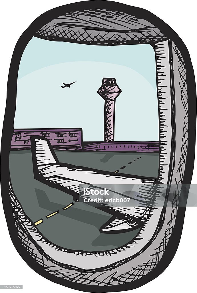 View From Airplane View of airport from airplane window illustration. Download includes high resolution JPG with layered EPS. Air Traffic Control Tower stock vector