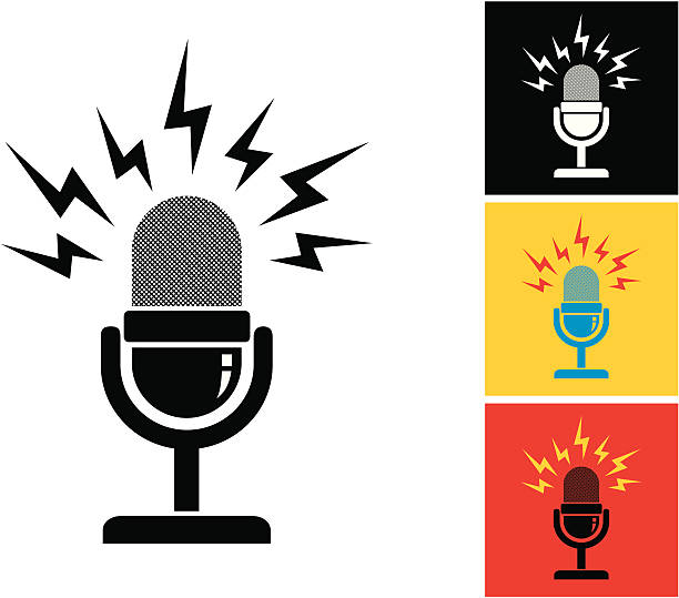 Retro microphone illustration of retro microphone and loud sound radio clipart stock illustrations