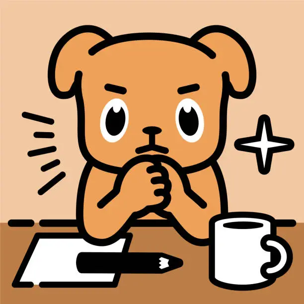 Vector illustration of A labrador retriever leaning on a table with hands clasped on the chin, Thinking, Evaluating, Considering