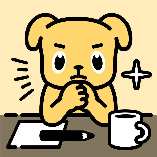 Vector illustration of A labrador retriever leaning on a table with hands clasped on the chin, Thinking, Evaluating, Considering