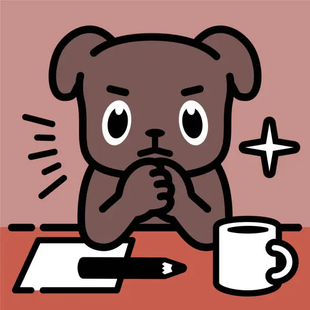 Vector illustration of A labrador retriever leaning on a table with hands clasped on the chin, Thinking, Evaluating, Considering