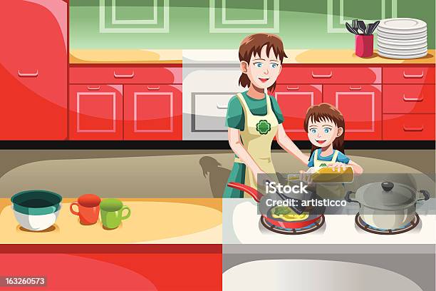 Mutter Und Tochter Kochen Stock Vektor Art und mehr Bilder von Alleinerzieherin - Alleinerzieherin, Bratpfanne, ClipArt