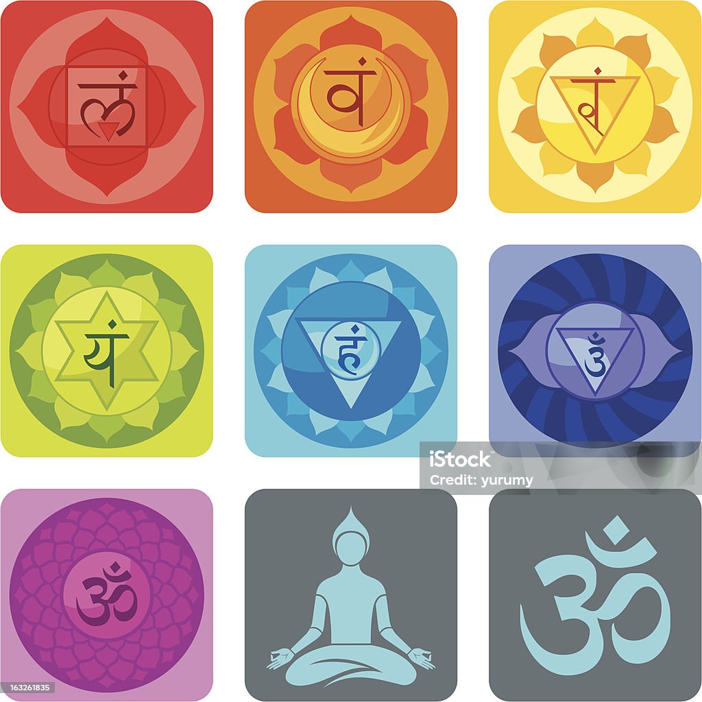 Yoga Set Spiritual set with chakras and yoga icons Aura stock vector