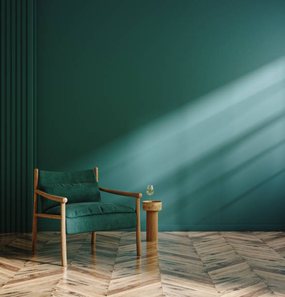 istock Dark green home interior with old retro armchair 1632627247