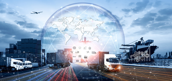 World map with logistic network distribution on background. Logistic and transport concept in front Logistics Industrial Container Cargo freight ship for Concept of fast or instant shipping, Online goods orders worldwide