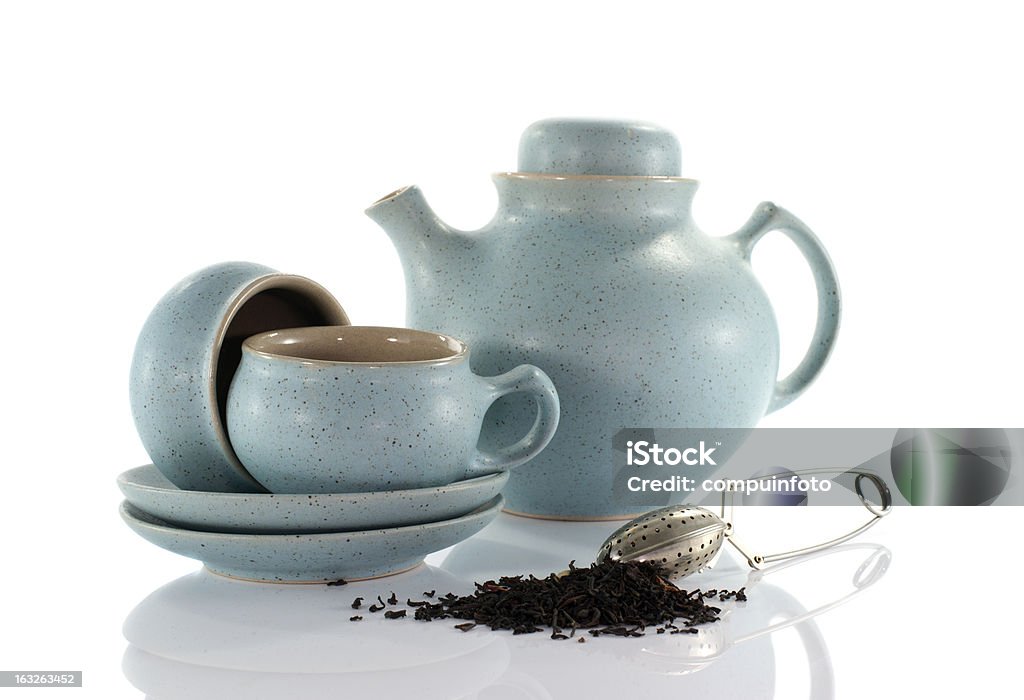 Com xícaras de chá e bule de chá - Foto de stock de Azul royalty-free