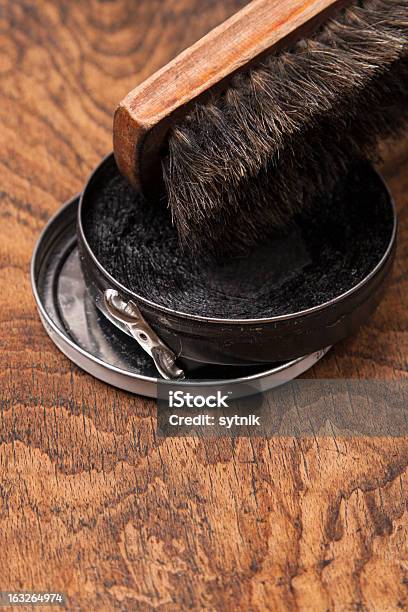 Container Of Shoe Polish And Brush On Wooden Stock Photo - Download Image Now - Backgrounds, Beauty Product, Can