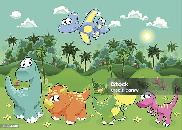 Ilustración de Funny Los Dinosaurios En El Bosque y más Vectores Libres de Derechos de Aire libre - Aire libre, Animal, Animal extinto