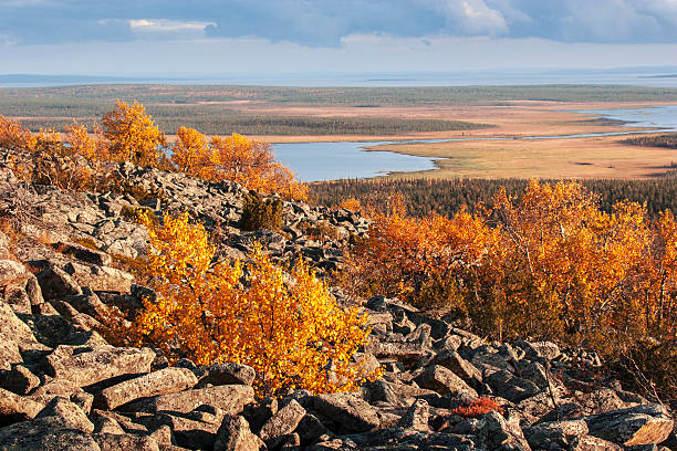 View from the top of a rocky mountain over Lapland landscape in autumn