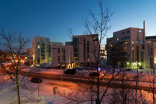 Beautiful twilight moment in Kerava, Finland in urban setting in wintertime