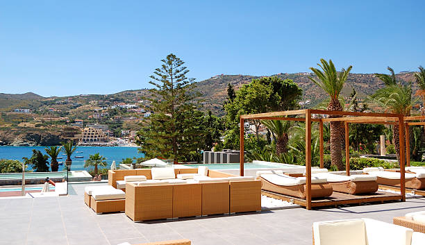 istock Modern hut and sunbeds at luxury hotel, Crete, Greece 163266365