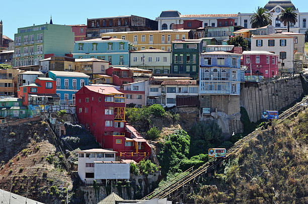 Funiculars and colourful houses of Valparaiso Funiculars and colourful houses of Valparaiso urbanized hillsides valparaiso chile stock pictures, royalty-free photos & images