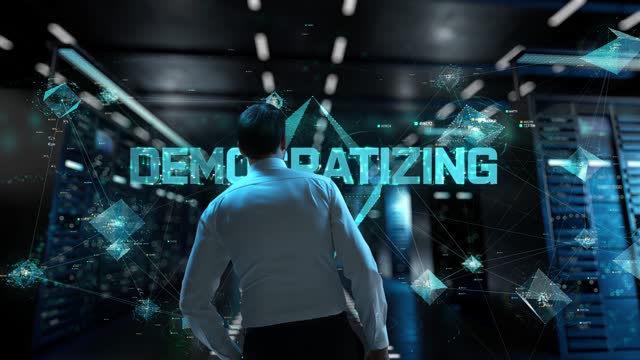 Democratizing AI. IT Administrator Activating Modern Data Center Server with Hologram.