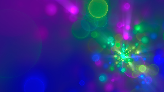 Abstract bokeh effect in neon colors. Fractal art background with copy space .